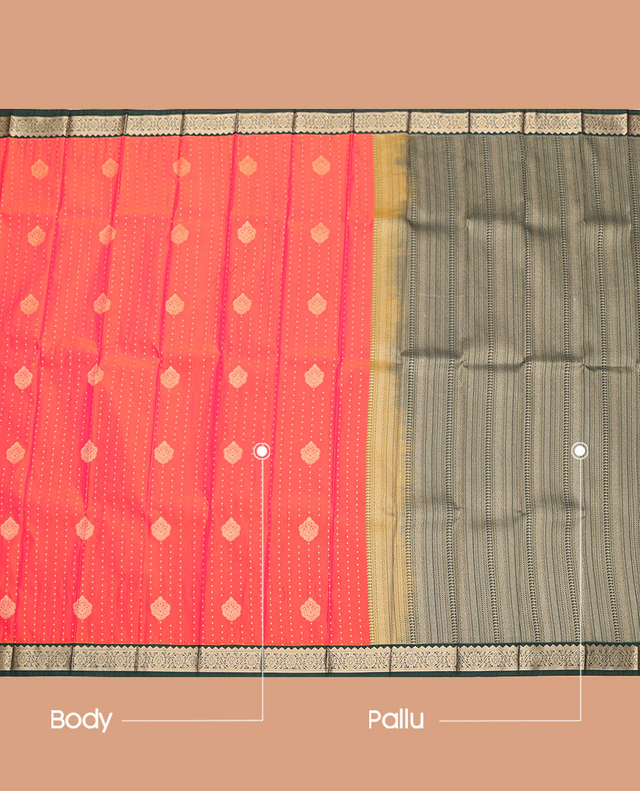 Orange Budget Silk Saree, Meticulously Crafted with Zari Buttas, Complemented by a Contrast Traditional Zari Border, Geometric Pallu, and a Contrast Blouse