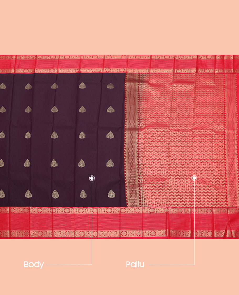 Maroon Budget Silk Saree, Accentuated with Zari Buttas, Complemented by a Contrast Traditional Zari Border, Paisley Pallu, and a Contrast Blouse