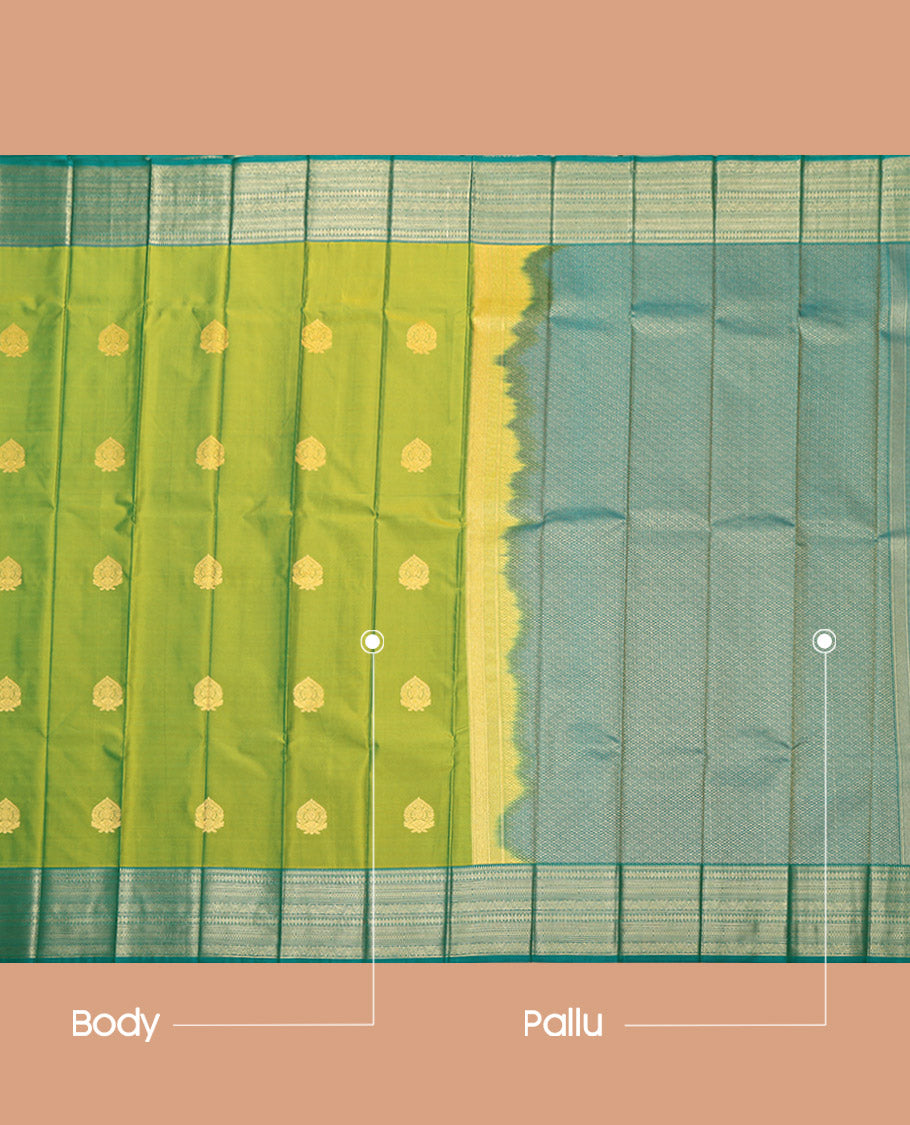 Leaf Green Budget Silk Saree, Bedecked with Zari Buttas, Complemented by a Contrast Traditional Zari Border, Jaal Pallu, and a Contrast Blouse