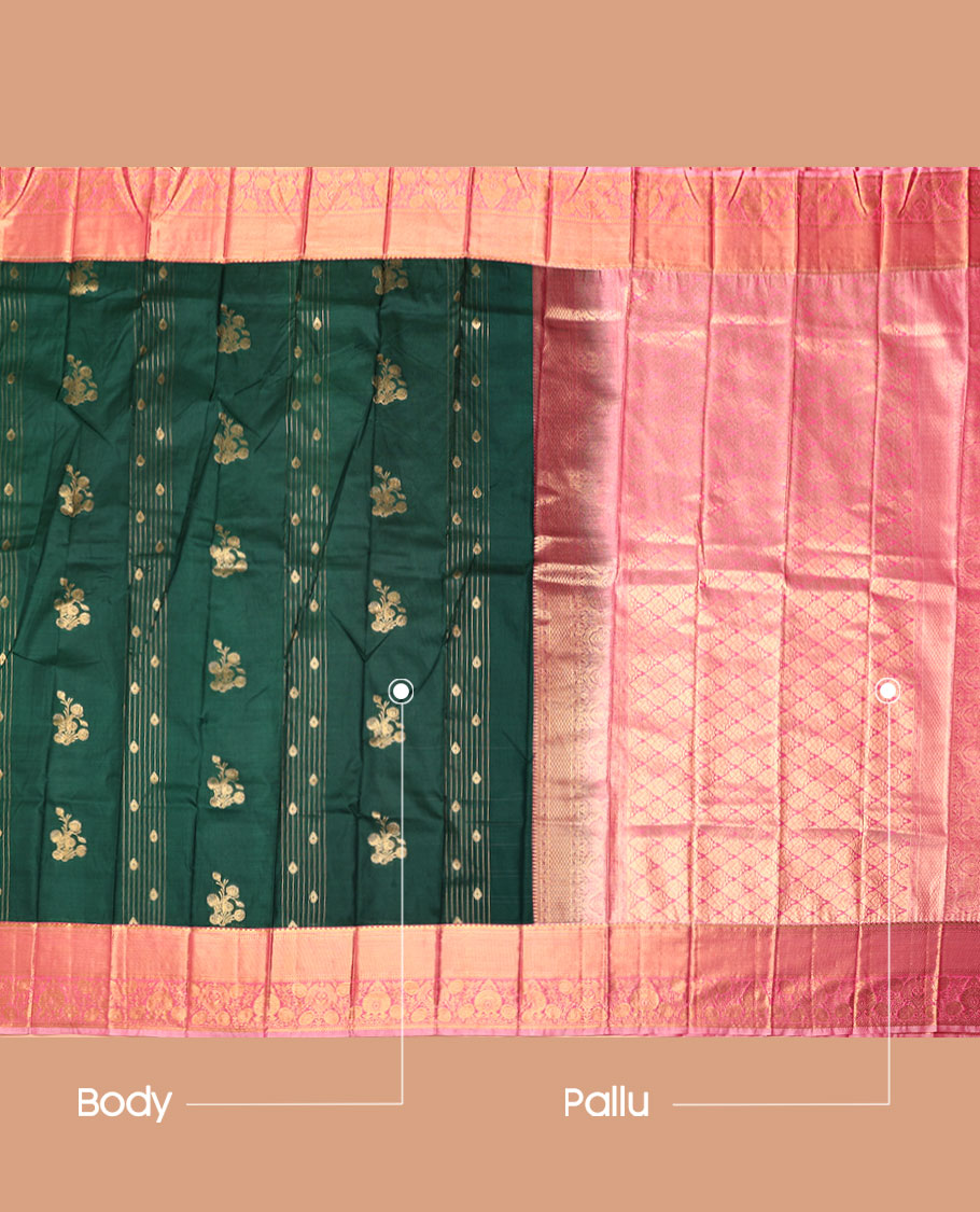 Green Budget Silk Saree, Graced with Zari Buttas and Stripes, Complemented by Contrast Traditional Zari Border, a Grand Jaal Pallu  and a Contrast Blouse