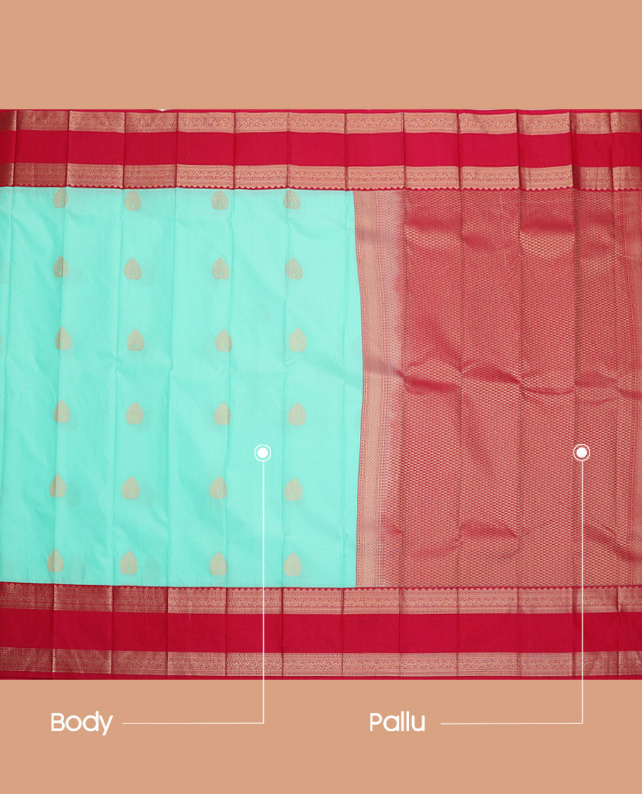 Light Turquoise Budget Silk Saree, Embellished with Zari Buttas, Complemented by a Contrast Traditional Zari Rettai Pettu Border, Grand Pallu, and Contrast Blouse