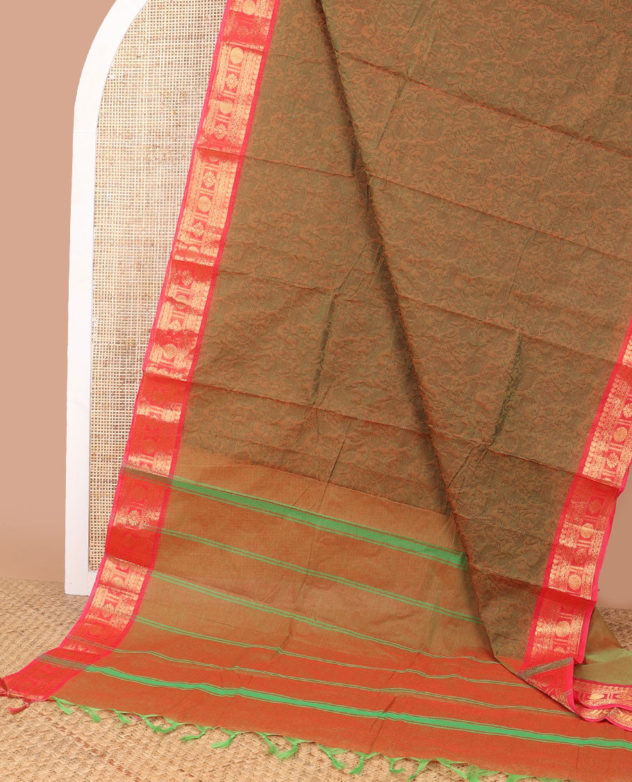 Brown chettinad cotton saree with contrast zari design border & striped pallu