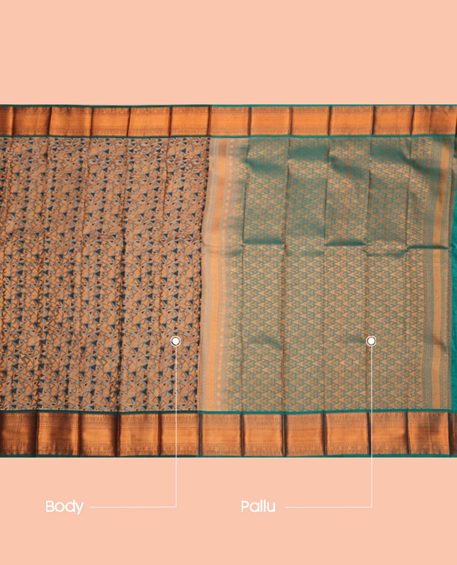 Grey Budget Silk Saree, Mesmerized with Triangle Design, Complemented by a Contrast Traditional Zari Border, Intricately Designed Pallu, and a Contrast Blouse