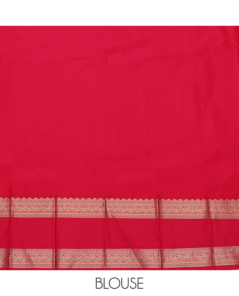 Light Turquoise Budget Silk Saree, Embellished with Zari Buttas, Complemented by a Contrast Traditional Zari Rettai Pettu Border, Grand Pallu, and Contrast Blouse