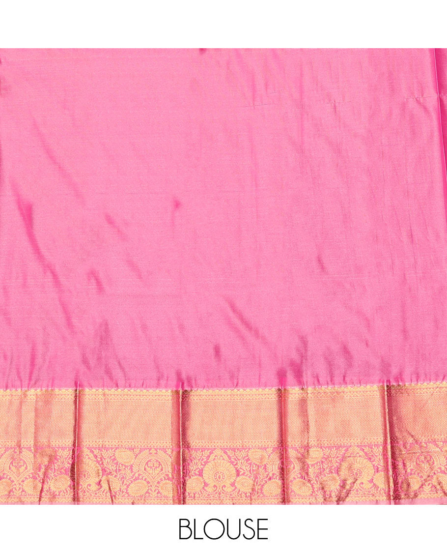 Green Budget Silk Saree, Graced with Zari Buttas and Stripes, Complemented by Contrast Traditional Zari Border, a Grand Jaal Pallu  and a Contrast Blouse