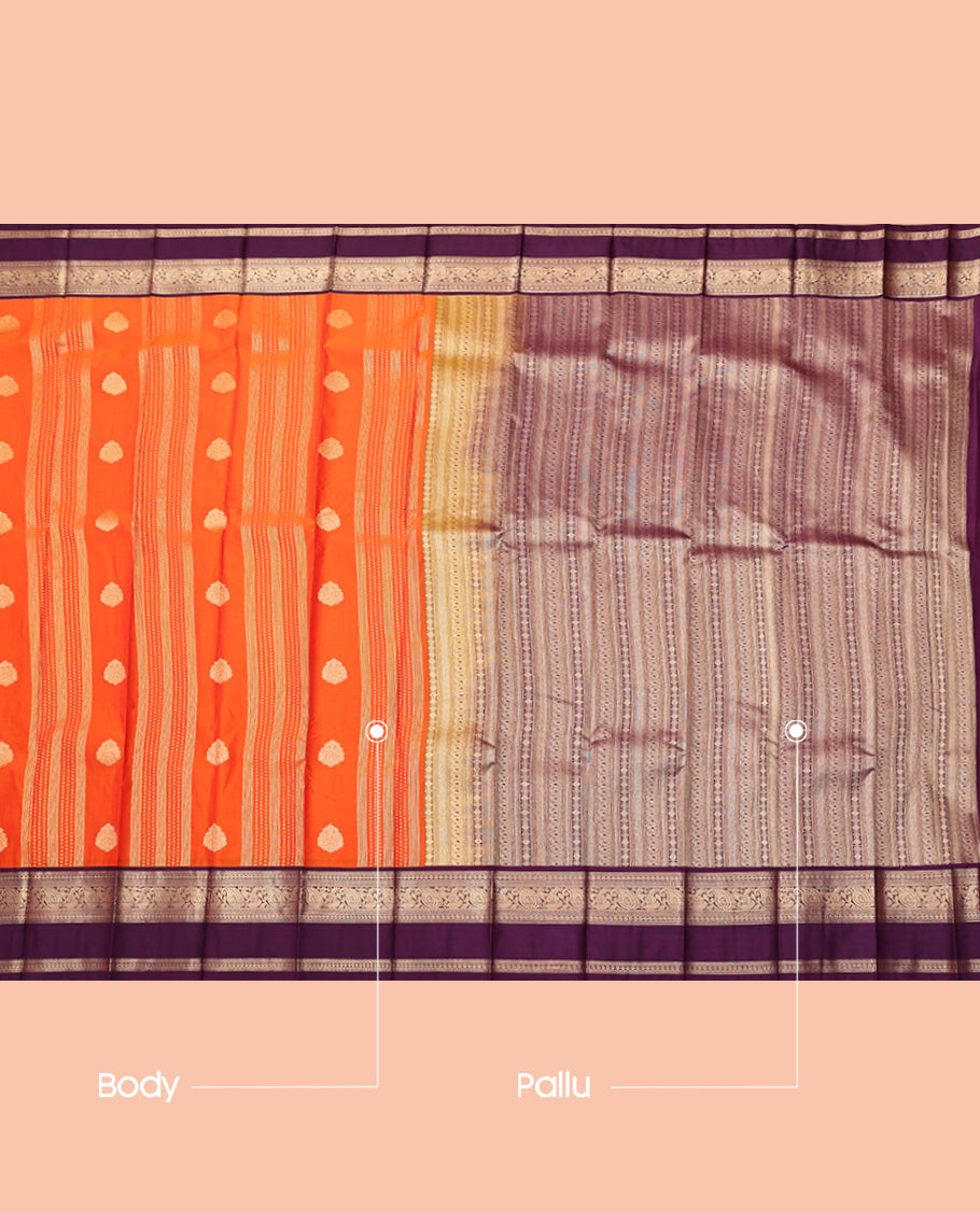 Orange Budget Silk Saree, Masterfully Woven with Zari Buttas and Stripes, a Contrast Traditional Zari Rettai Pettu Border, Grand Pallu, and a Contrast Blouse