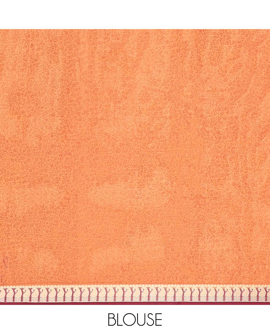 Orange paisley vine semi-banaras printed saree, contrast paisleys border & intricate pallu 