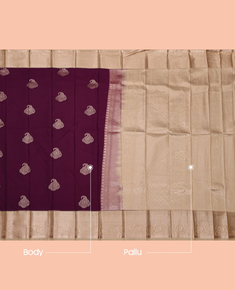 Purple Budget Silk Saree, Enthralled with Zari Buttas on Its Body, Complemented by a Contrast Traditional Zari Design Border, Intricately Designed Pallu, and Paired with a Contrast Blouse
