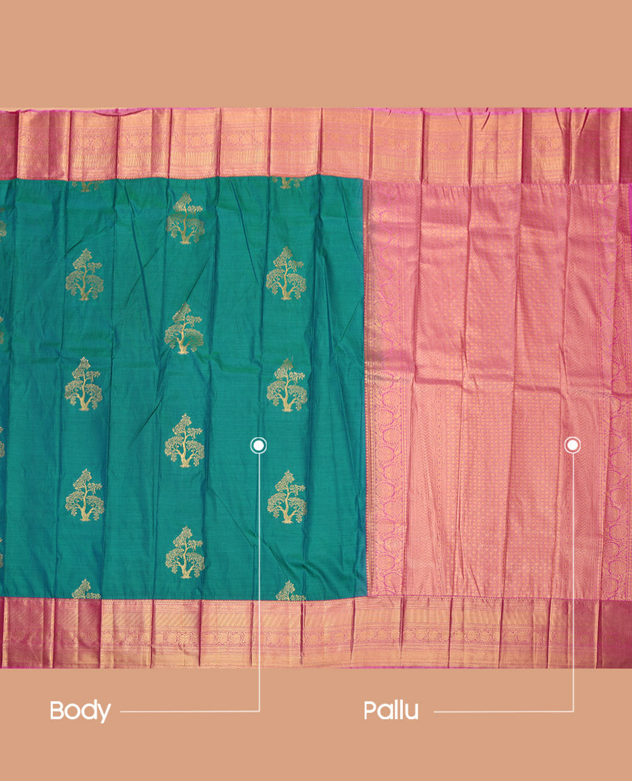 Green Budget Silk Saree, Woven with Tree Zari Buttas, Complemented by a Contrast Traditional Border, Grand Pallu, and a Contrast Blouse