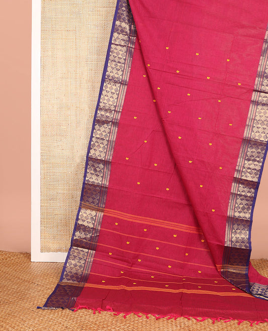 Red Chettinad Cotton Saree Decorated with Paisley Buttas All Over Its Body, Complemented by Contrast Traditional Zari Design Border, Pallu of Stripes and Buttas, and Paired with a Matching Blouse