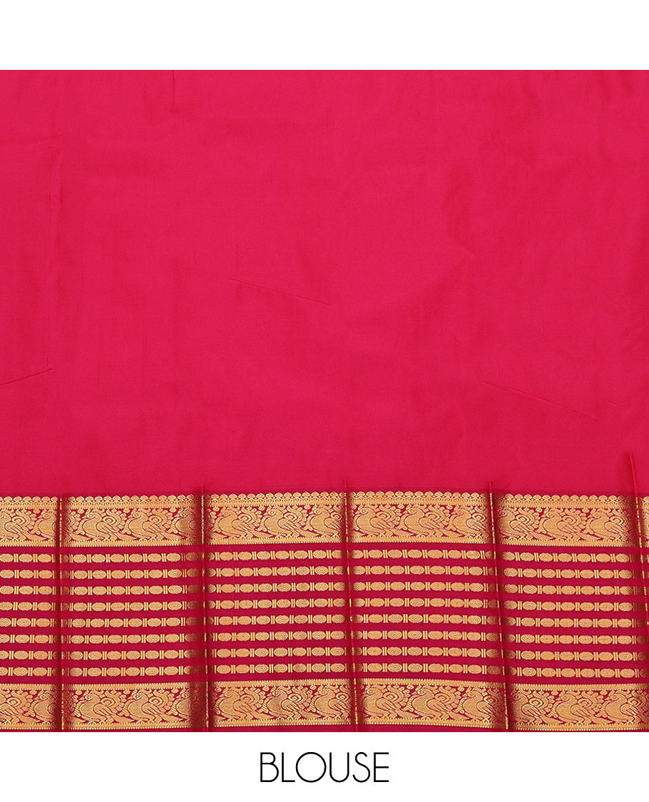 Yellow Budget Silk Saree, Sparsely Sparkled with Zari Buttas All Over Its Body, Complemented by Contrast Traditional Zari Border of Peacock and Rudrksham Designs, Grand Jaal-Patterned Pallu, and Paired with a Contrast Blouse