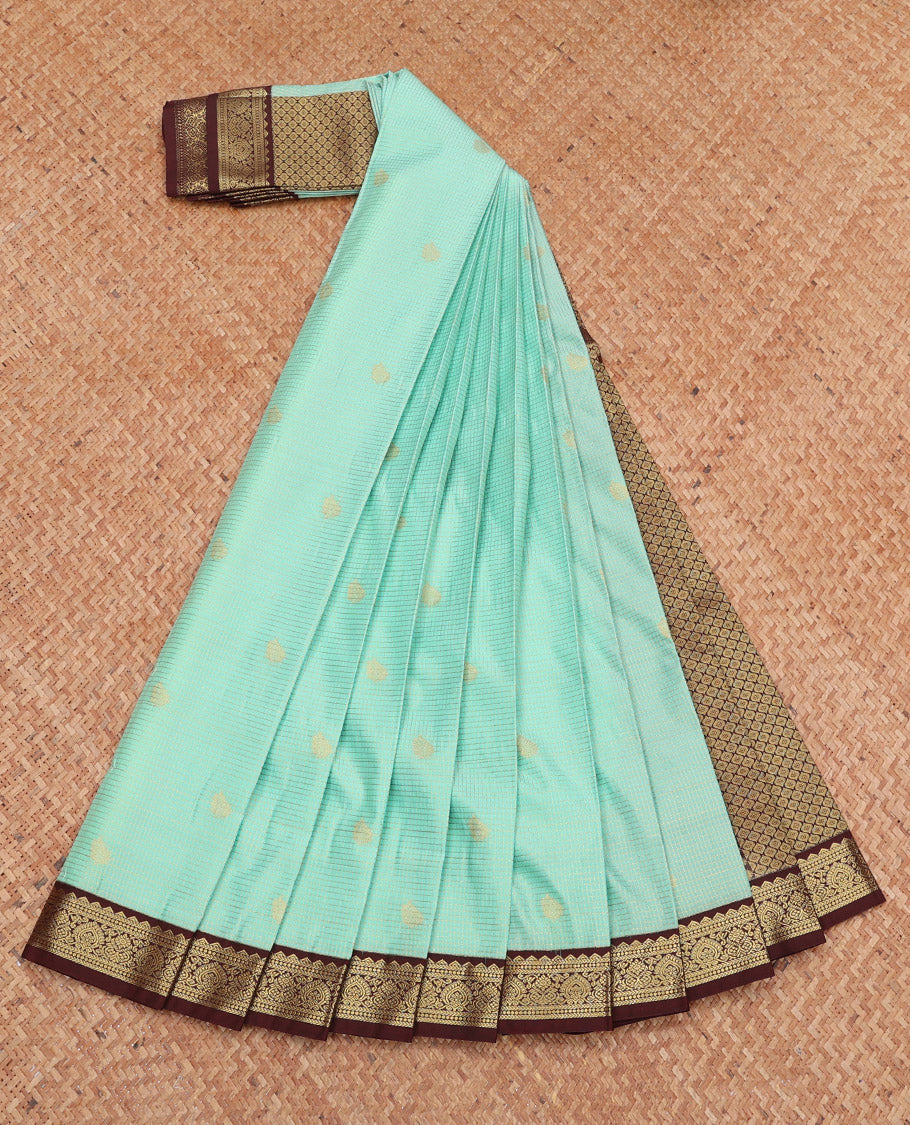 Turquoise Budget Silk Saree, Embellished with Zari Buttas and Checks, Complemented by a Contrast Traditional Zari Border, Grand Pallu, and a Contrast Blouse