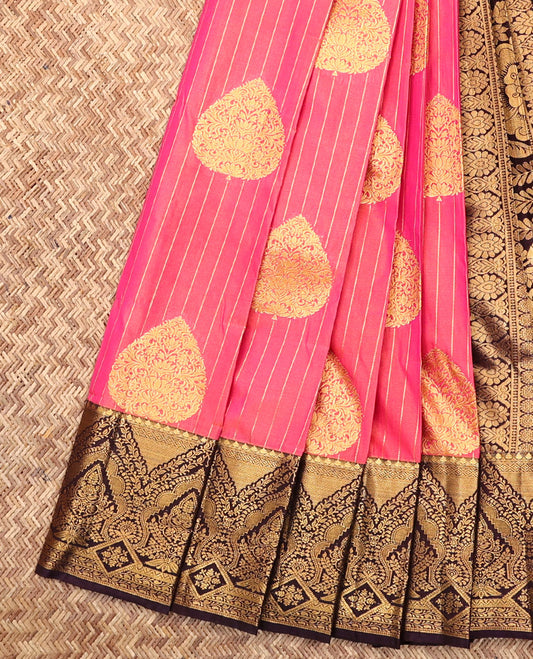 Pink Budget Silk Saree, Accentuated with Zari Buttas and Stripes, Complemented by Contrast Traditional Zari Border, a Grand Pallu  and a Contrast Blouse
