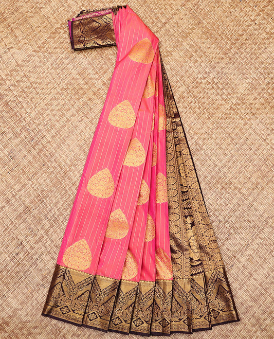 Pink Budget Silk Saree, Accentuated with Zari Buttas and Stripes, Complemented by Contrast Traditional Zari Border, a Grand Pallu  and a Contrast Blouse