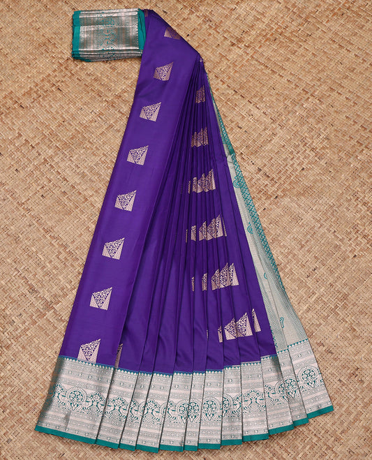 Violet Budget Silk Saree, Mesmerized with Zari Buttas All Over Its Body, Complemented by a Contrast Traditional Zari Design Border, Intricate Pallu, and Paired with a Contrast Blouse