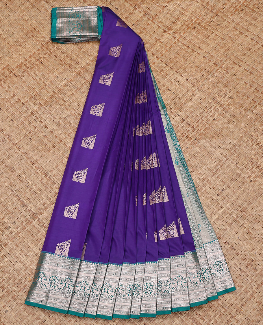 Violet Budget Silk Saree, Mesmerized with Zari Buttas All Over Its Body, Complemented by a Contrast Traditional Zari Design Border, Intricate Pallu, and Paired with a Contrast Blouse