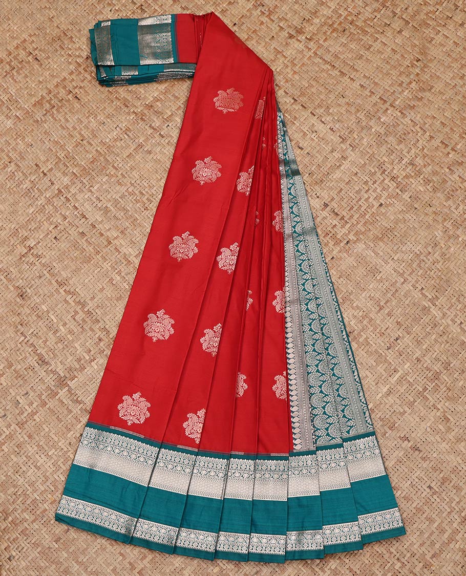 Red Budget Silk Saree, Highlighted by Zari Buttas on Its Body, Complemented by a Contrast Traditional Zari Design Rettai Pettu Border, Intricately Designed Pallu, and Paired with a Contrast Blouse