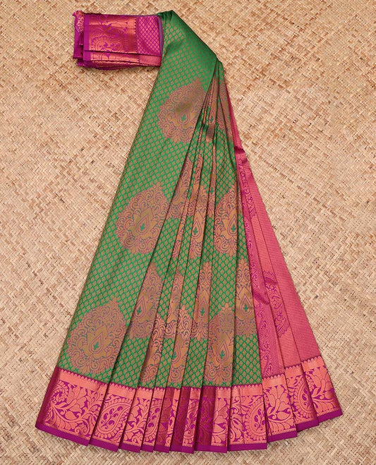 Green Budget Silk Saree, Embellished with Jacquard Design, Complemented by a Contrast Traditional Zari Border, Intricately Designed Pallu, and a Contrast Blouse