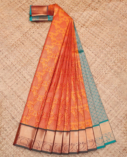 Orange Budget Silk Saree, Enriched with Jacquard Design, Complemented by a Contrast Traditional Zari Border, Jaal Pallu, and Contrast Blouse