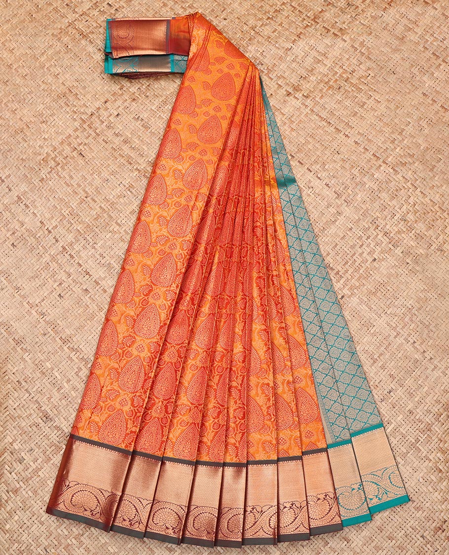 Orange Budget Silk Saree, Enriched with Jacquard Design, Complemented by a Contrast Traditional Zari Border, Jaal Pallu, and Contrast Blouse