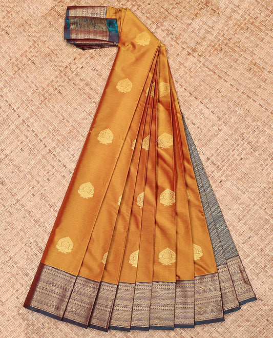 Orange Budget Silk Saree, Decorated with Zari Buttas, Complemented by a Contrast Traditional Zari Border, Jaal Pallu, and a Contrast Blouse