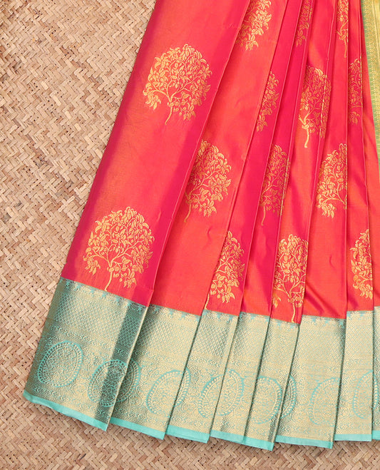 Orange Budget Silk Saree, Impeccably Styled with Tree Zari Buttas, Complemented by a Contrast Traditional Border, Grand Pallu, and a Contrast Blouse