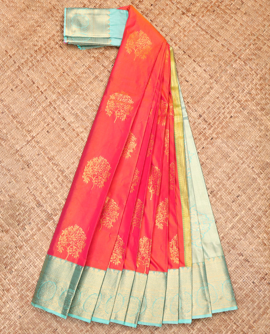 Orange Budget Silk Saree, Impeccably Styled with Tree Zari Buttas, Complemented by a Contrast Traditional Border, Grand Pallu, and a Contrast Blouse