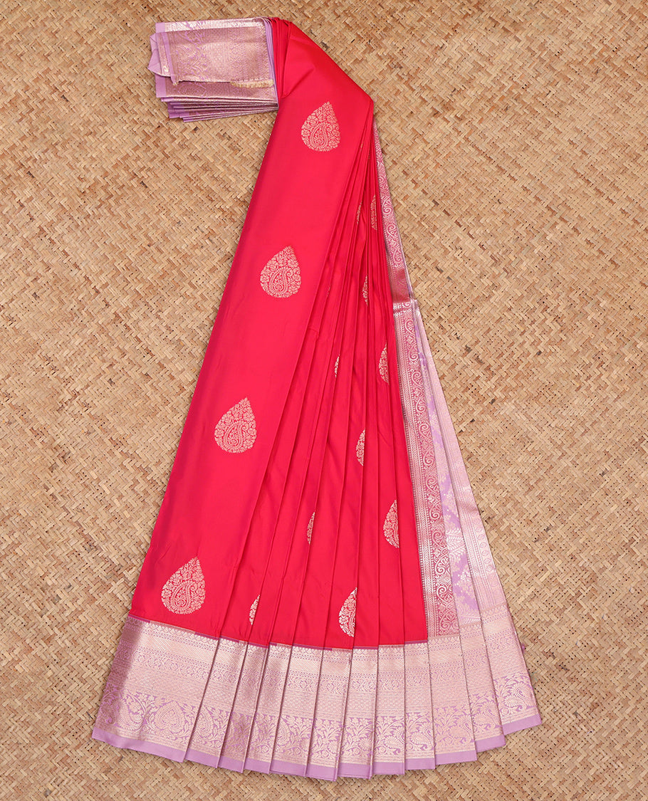 Pink Budget Silk Saree, Bedecked with Zari Buttas, Complemented by a Contrast Traditional Zari Border, Grand Pallu, and a Contrast Blouse