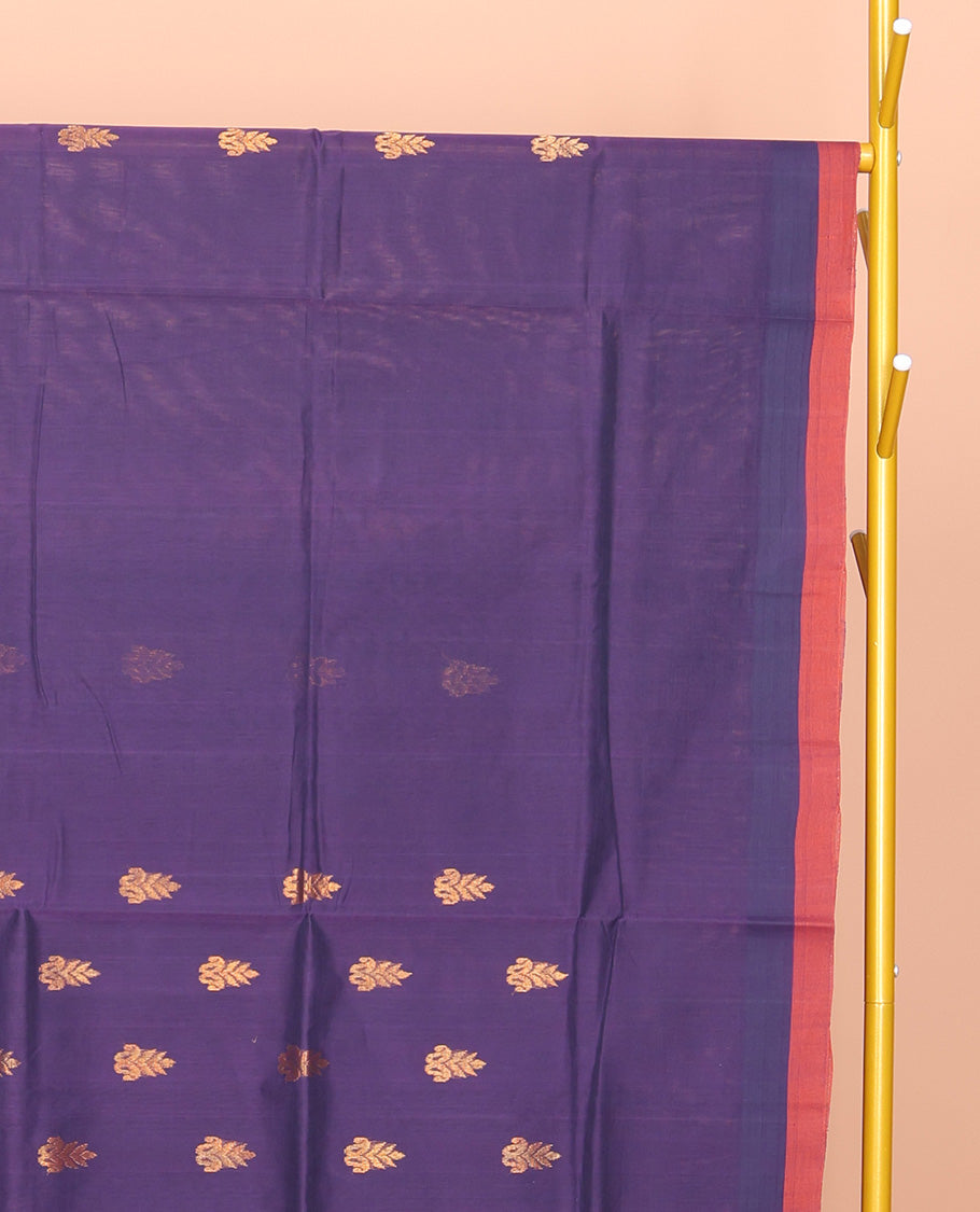 Ink Blue Venkatagiri Cotton Saree Features Buttas, a Contrast Zari-Thread Border, Pallu of Stripes, and No Blouse