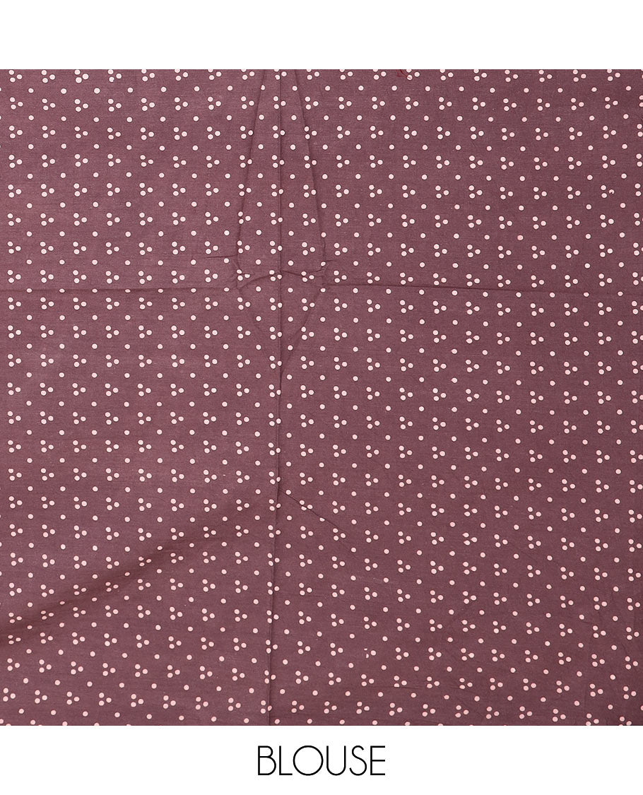 Brown batik floral-paisley vine printed mul mul cotton saree, floral creeper batik printed border & batik printed pallu