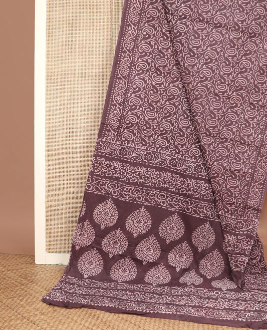 Brown batik floral-paisley vine printed mul mul cotton saree, floral creeper batik printed border & batik printed pallu