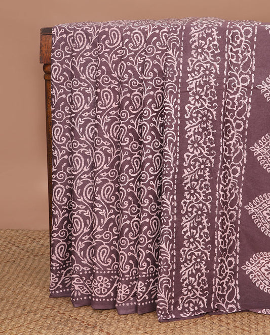 Brown batik floral-paisley vine printed mul mul cotton saree, floral creeper batik printed border & batik printed pallu