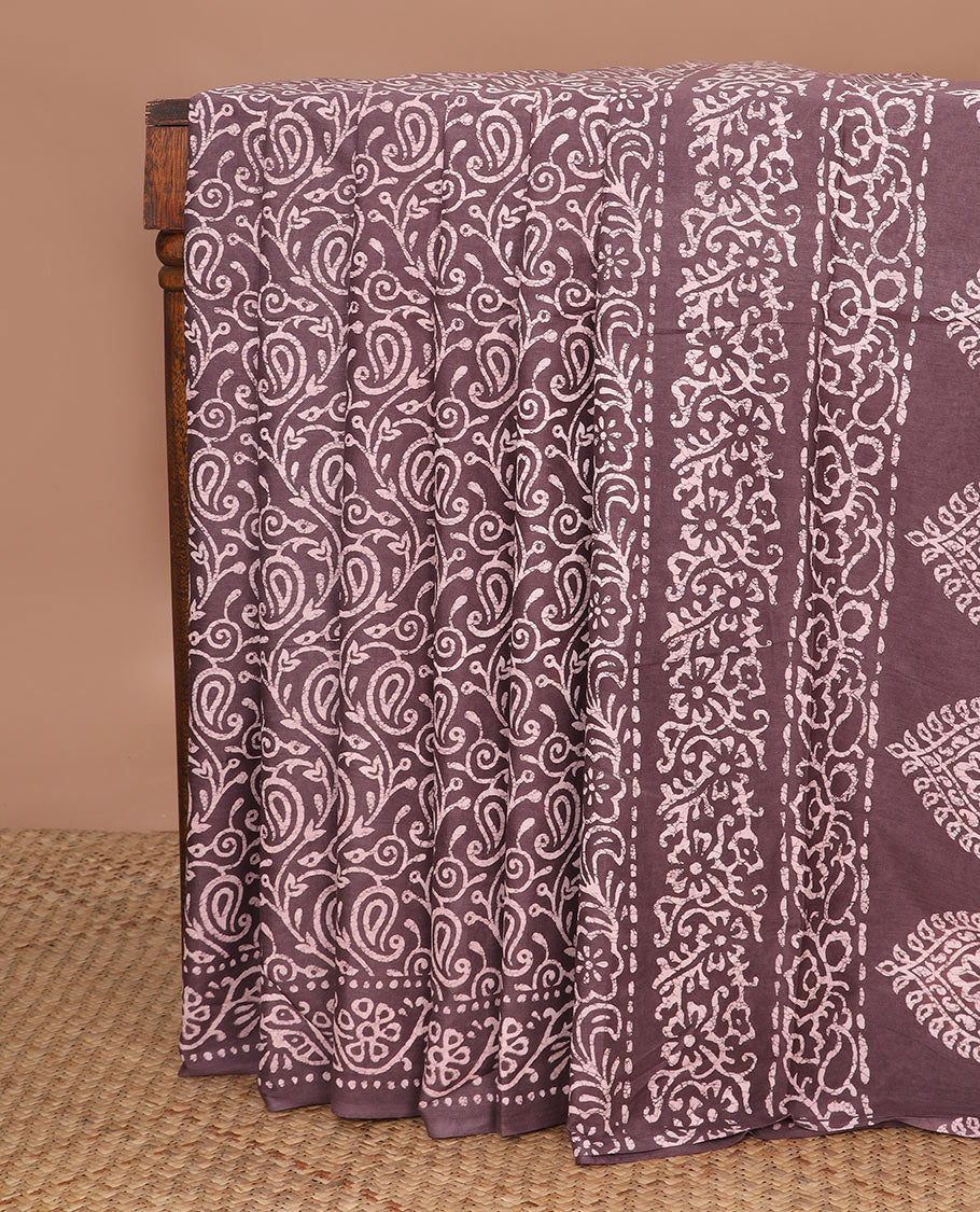 Brown batik floral-paisley vine printed mul mul cotton saree, floral creeper batik printed border & batik printed pallu