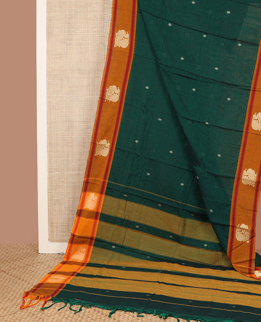 Dark green buttas Narayanpet cotton saree, contrast peacock design border & striped pallu