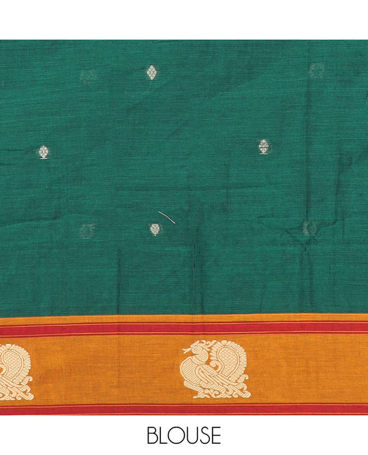 Dark green buttas Narayanpet cotton saree, contrast peacock design border & striped pallu