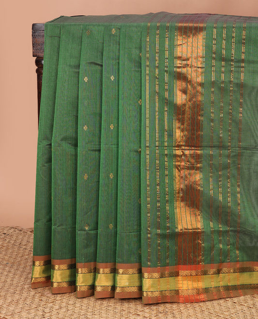 Green zari buttas Venkatagiri cotton saree, contrast traditional zari border, and striped pallu