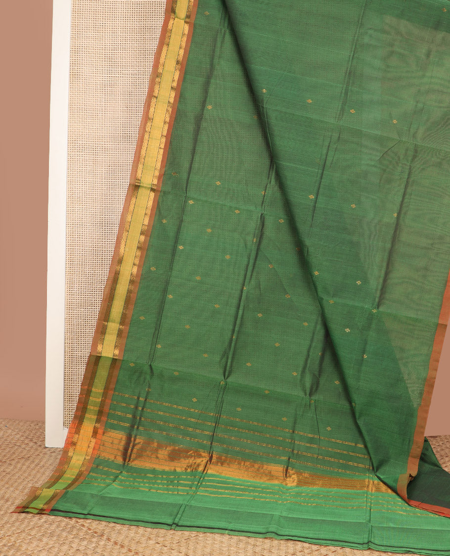 Green zari buttas Venkatagiri cotton saree, contrast traditional zari border, and striped pallu