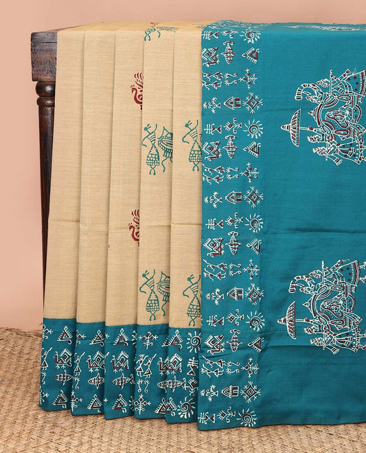 Sandal warli and peacock motifs printed poly cotton saree, contrast warli motifs border, and pallu of wedding palanquin design