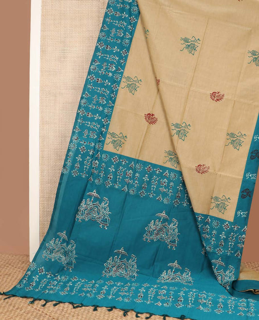 Sandal warli and peacock motifs printed poly cotton saree, contrast warli motifs border, and pallu of wedding palanquin design