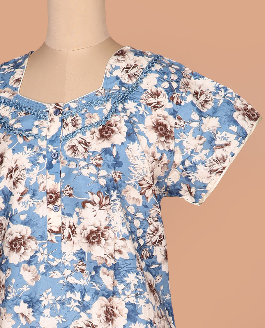 Blue floral print with half-hexogon shaped neck half-sleeve cotton nighty