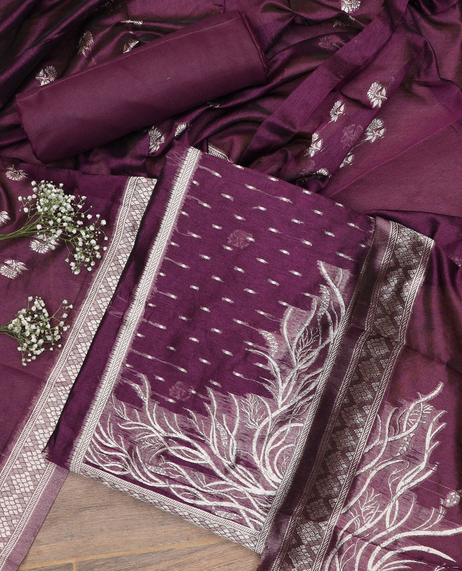 Purple material chudidar set, zari design top, plain bottom and floral zari buttas dupatta