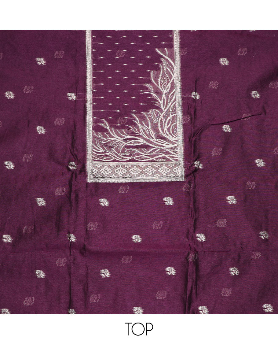 Purple material chudidar set, zari design top, plain bottom and floral zari buttas dupatta