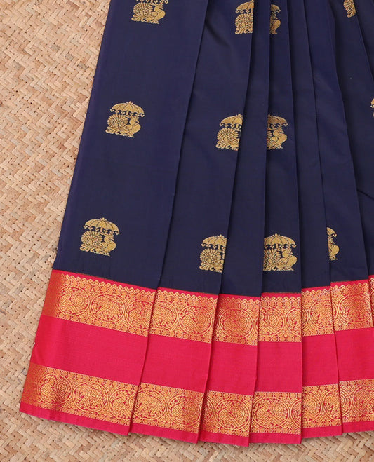 Navy Blue Budget Silk Saree, Embellished with Zari Buttas, a Contrast Traditional Zari Rettai Pettu Border, Grand Pallu, and a Contrast Blouse