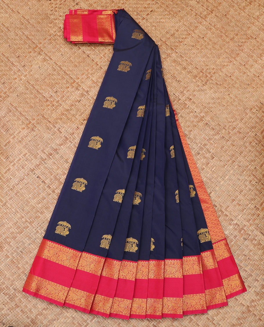 Navy Blue Budget Silk Saree, Embellished with Zari Buttas, a Contrast Traditional Zari Rettai Pettu Border, Grand Pallu, and a Contrast Blouse