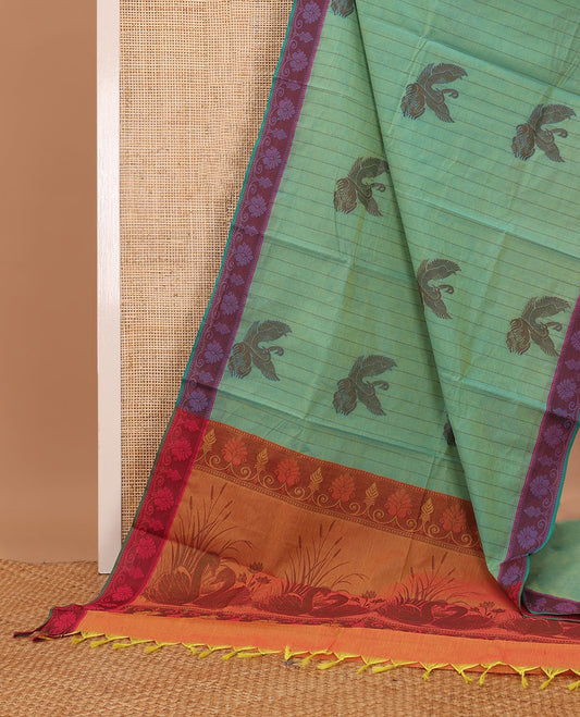 Green striped & bird motifs Coimbatore cotton saree, contrast border & pallu of swan motifs