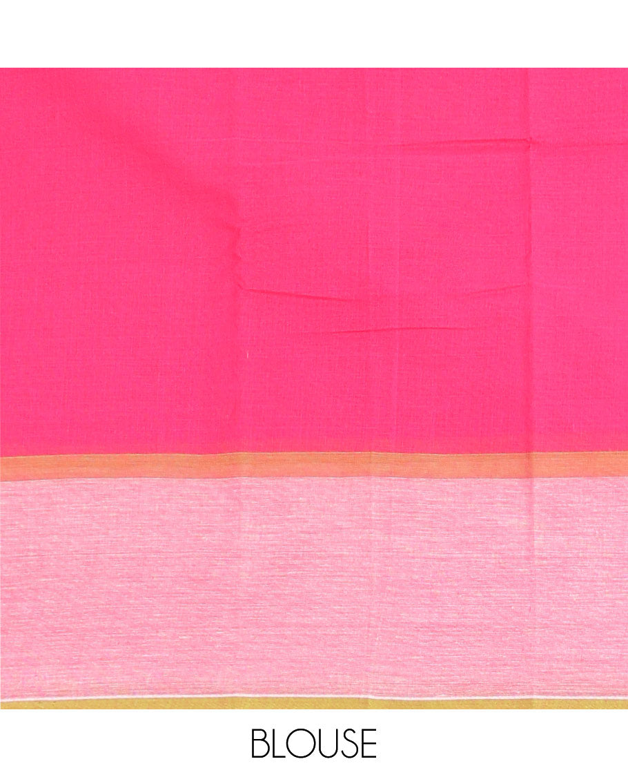 Pink floral creeper printed Chirala cotton saree, contrast floral & peacock border & peacock pallu