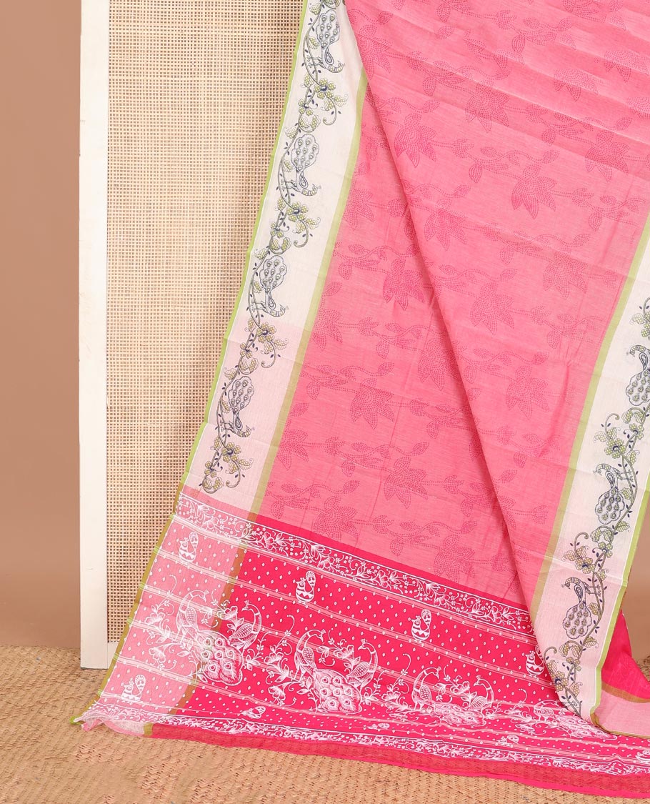 Pink floral creeper printed Chirala cotton saree, contrast floral & peacock border & peacock pallu