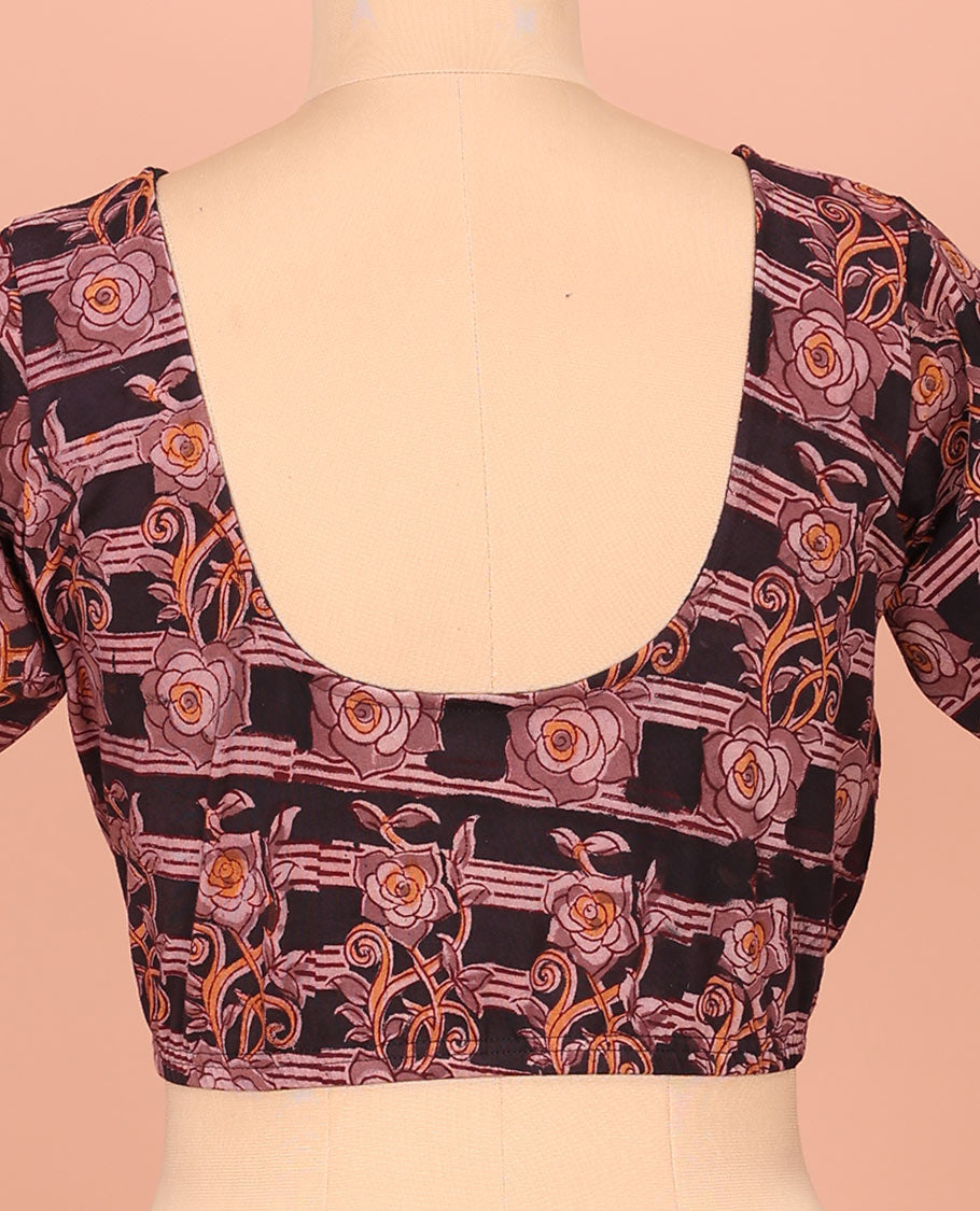 Black and Brown Cotton Readymade Blouse Subtly Sparked with Floral and Geometric Print, Featuring a Front Round-Neck, a Back Round-Neck, and Elbow Sleeves