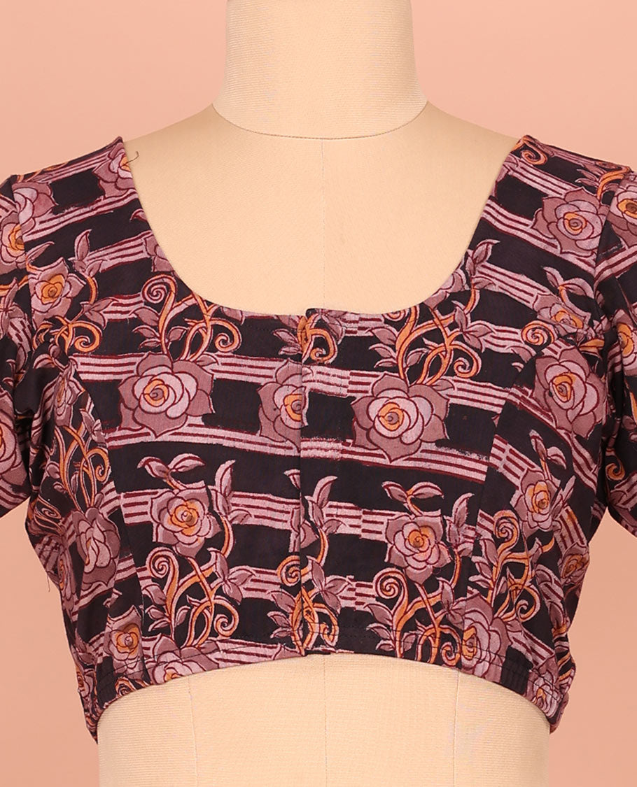 Black and Brown Cotton Readymade Blouse Subtly Sparked with Floral and Geometric Print, Featuring a Front Round-Neck, a Back Round-Neck, and Elbow Sleeves