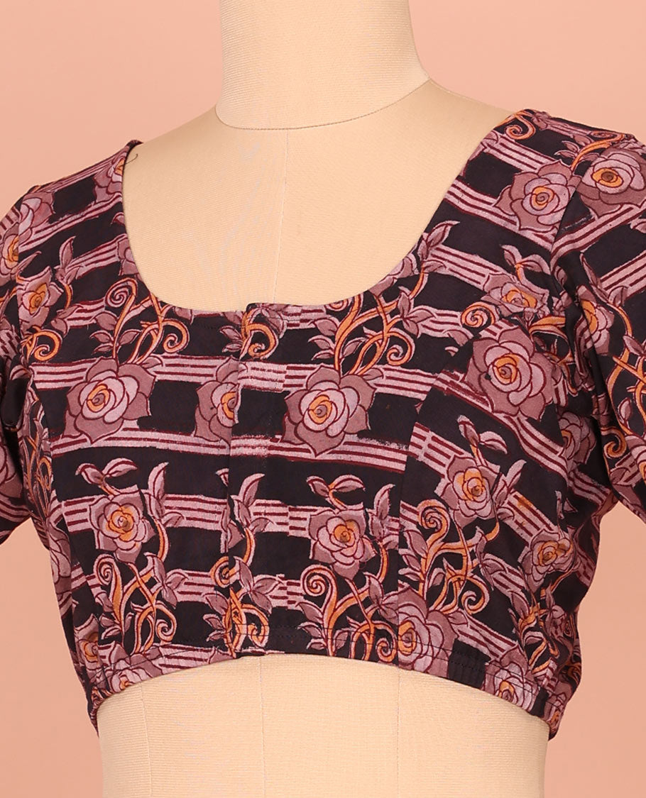 Black and Brown Cotton Readymade Blouse Subtly Sparked with Floral and Geometric Print, Featuring a Front Round-Neck, a Back Round-Neck, and Elbow Sleeves